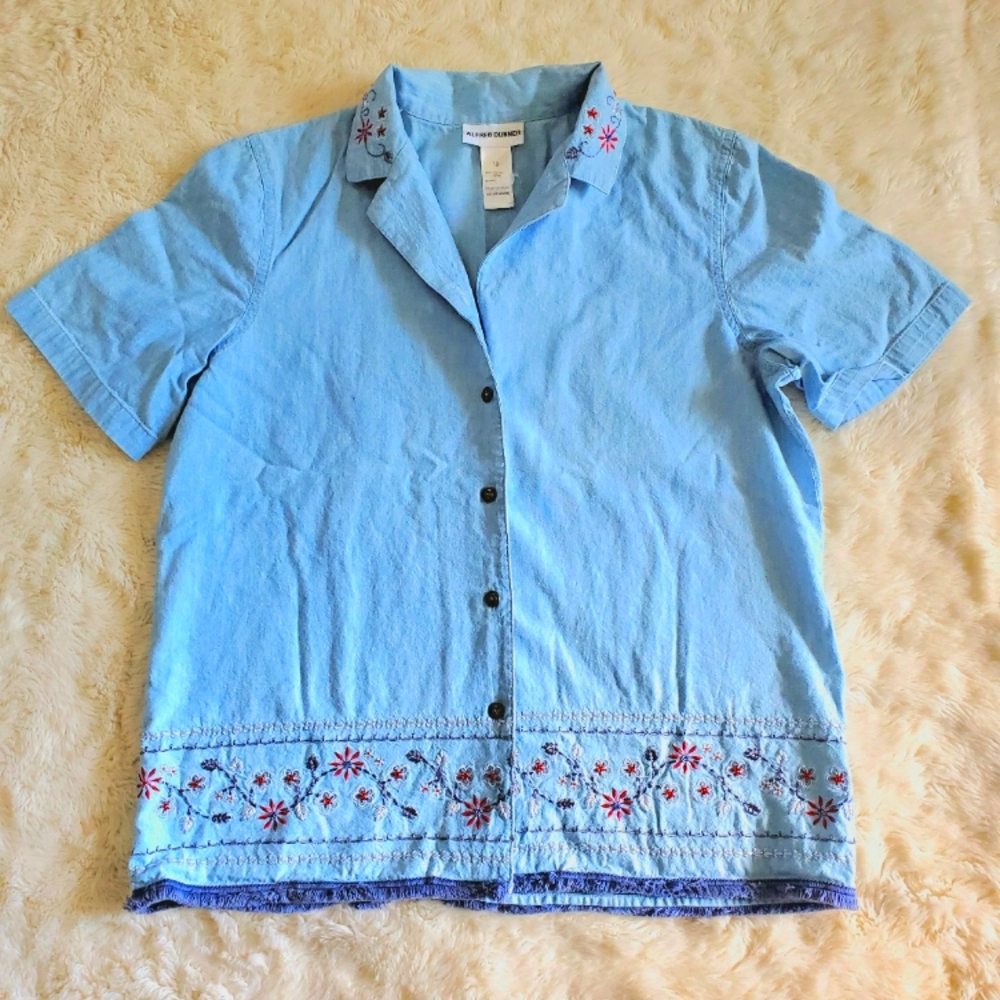 Alfred Dunner Vintage Jean Button Up TShirt size 10 Embroidery